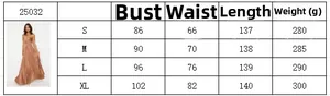 Detailed size chart for pleated maxi backless dress with bust and length measurements