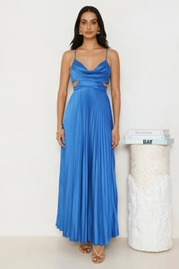 Detail of blue pleated maxi dress featuring waist cut-out and elegant thin straps design
