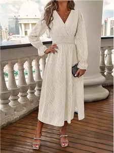 Elegant cream white smocked waist midi dress with V-neck and textured jacquard fabric