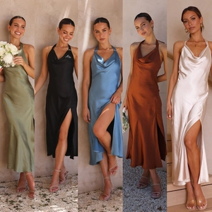 Robe longue élégante en satin dos nu avec col bénitier et fente latérale en cinq couleurs