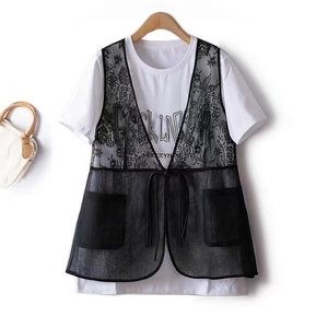 Two-piece set with a white short-sleeve T-shirt and a black lace mesh vest with tie-up closure
