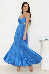 Detail of royal blue satin pleated dress with spaghetti straps and draped neckline