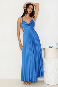 Detailed view of dark blue cowl neck satin dress with elegant waist cut-outs and pleats