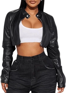 Detail of a black PU leather biker jacket featuring a stand collar and metallic zipper