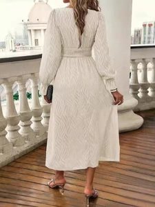 Elegant cream long sleeve jacquard dress with back V-neck and ruffled elastic cuffs