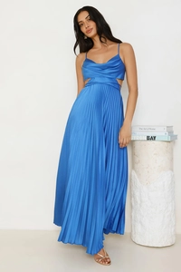 Detail of royal blue pleated maxi dress with backless cutout and fine spaghetti straps