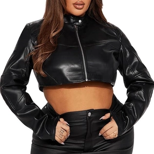 Detailed view of women's black cropped PU leather jacket with silver metal zipper