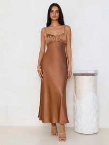 Sexy Backless Bronze Satin Mermaid Maxi Dress For Women Elegant Pleated Spaghetti Strap Evening Party Formal Long Gown