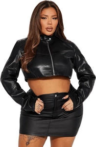 Detail of black PU leather cropped jacket featuring a stand collar and metal zipper closure