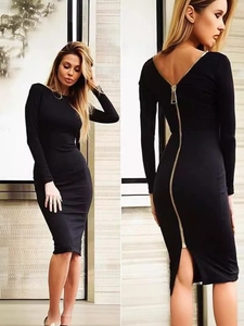 Women Sexy Deep V Backless Midi Dress Long Sleeve With Full Back Zipper Elegant Cocktail Party Evening Tight Pencil Dress