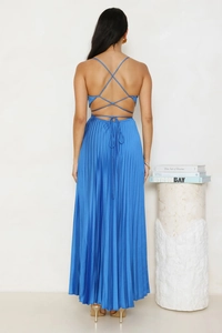 Detail view of royal blue pleated maxi dress featuring an elegant crisscross back tie design