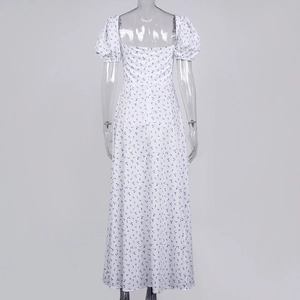 Detail view of the floral maxi dress back showing square neck and hidden zipper closure