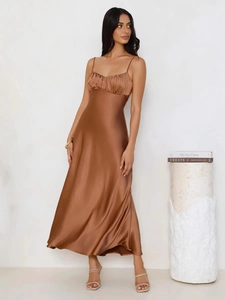 Elegant brown satin slip dress with a gathered bust and slim fit backless mermaid hem