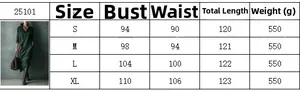 Tabla de tallas de vestido de ante sintético con medidas de pecho, cintura y longitud
