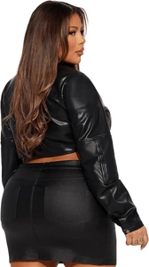 Back view of a cropped black PU leather biker jacket and matching mini skirt set