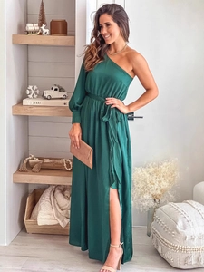 Elegant emerald green one-shoulder satin maxi dress with waist tie and side slit detail
