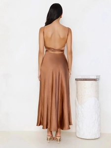 Elegant caramel satin backless slip maxi dress with cross-twist detail and fishtail hem