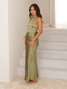 Elegant backless olive green satin fishtail maxi dress with a sleek sleeveless halter neck