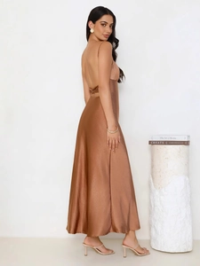 Elegant brown satin backless maxi dress with thin straps and a slim fit fishtail silhouette