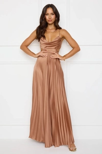 Detail of bronze pleated satin fabric with sexy waist cut-out and glossy finish
