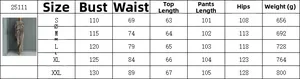Detailed size chart for velvet sportswear set showing bust, waist, and length measurements