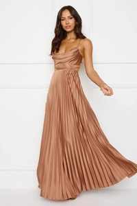 Detail of bronze pleated maxi dress with elegant cowl neck and side waist cut-out