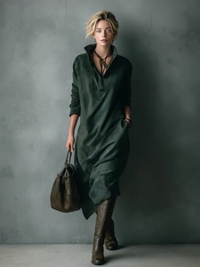 Vestido Midi de Gamuza Sintética para Mujer Verde Esmeralda Manga Larga Ajuste Holgado Casual con Bolsillos Otoño Invierno