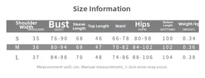 Detailed size chart for women's printed long sleeve top and bodycon pants two-piece set