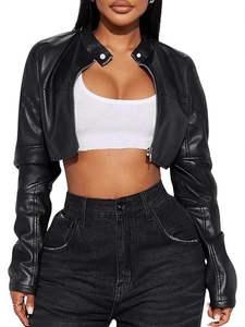 Women Faux Leather Cropped Jacket Streetwear Motorcycle Style Slim Fit Stand Collar Metal Zipper PU Short Coat Black Outwear