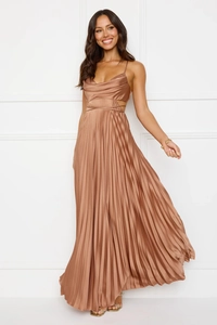 Detail of elegant pleated satin long dress with side waist cut-out and glossy finish