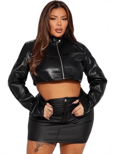 Women's black PU leather two-piece set featuring cropped biker jacket and mini skirt