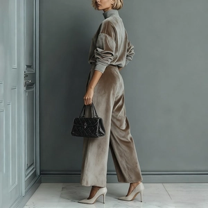Back view of gray velvet lounge set featuring wide-leg pants and long-sleeved turtleneck top