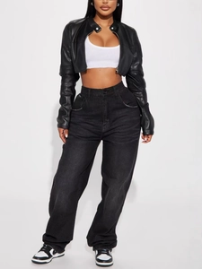 Cropped black PU leather motorcycle jacket with stand collar and zipper for women