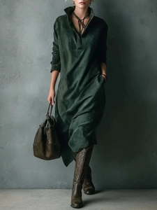 Vestido largo de gamuza verde oscuro para mujer con manga larga, cuello en V y corte holgado