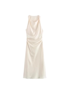 Elegantes perlweißes ärmelloses Satin-Midikleid mit Wasserfallausschnitt und Taillenraffung