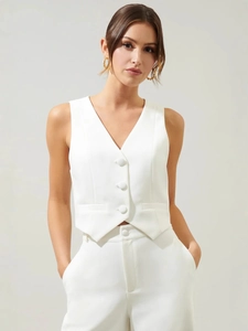 Damen Ärmellos V-Ausschnitt Weste Und Hohe Taille Weites Bein Hose Polyester Casual Büro Business Mode Einfarbig Top Und Hose