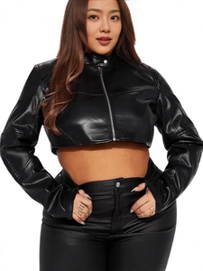 Women's cropped PU leather biker jacket with stand collar and zipper in solid black color