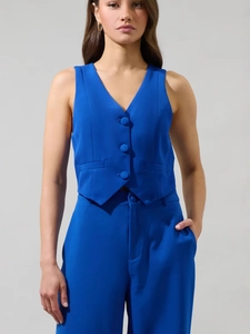 Damen Set aus königsblauer Weste und Hose mit maßgeschneiderter V-Ausschnitt-Weste