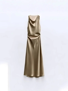 Elegantes Midi-Satinkleid in Champagner mit Wasserfallausschnitt und Taillenraffung