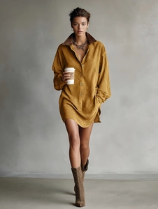 Robe Chemise Décontractée pour Femmes en Suédine Col en Faux Cuir Contrasté Manches Longues Robe Mini Boutonnage Simple Mode Automne Hiver