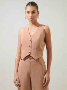 Damen-Set aus schicker camel V-Ausschnitt Weste und hochtaillierter Hose mit weitem Bein