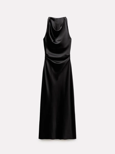 Elegantes schwarzes Satin-Midikleid mit Wasserfallausschnitt und Taillenraffung