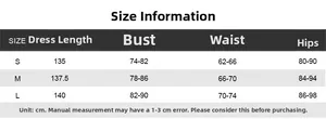 Size chart for sleeveless fishtail dress showing length, bust, waist, and hips in cm