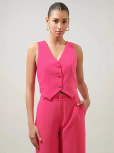Damen Set aus fuchsiafarbenem Westen-Oberteil und passender Hose mit hohem Bund, zweiteilig