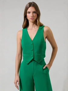 Damen-Set mit grüner Weste mit V-Ausschnitt und weit geschnittener Hose mit hoher Taille