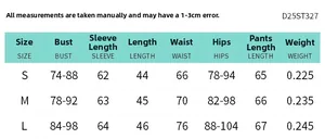 Detailed size guide for asymmetrical collar long sleeve slim fit top and cropped pants set