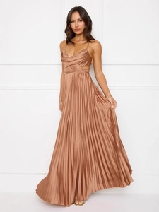 Women Sexy Backless Cowl Neck Pleated Maxi Dress Satin Spaghetti Strap Cut Out High Waist Elegant Party Evening Long Dress
