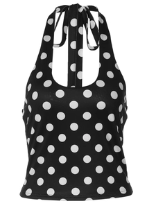 Polka dot halter neck backless crop top in black and white with slim fit design