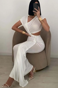 Detail of white ruched dress with asymmetrical neckline and side waist cut-out feature