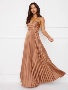 Elegant bronze satin pleated maxi dress with cowl neck and side cut-outs for women